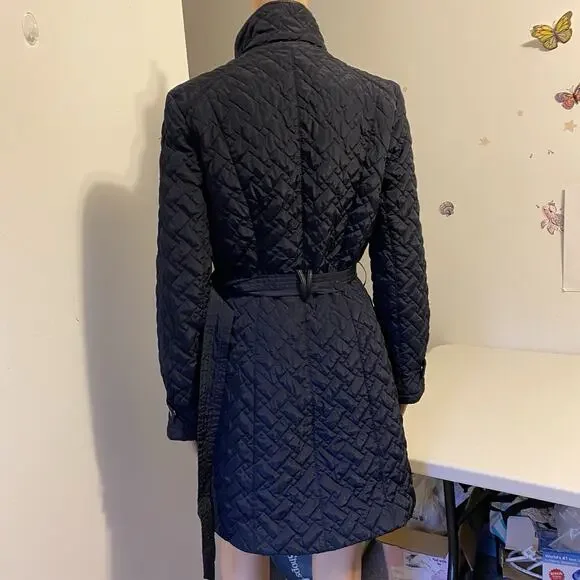 Cole Haan Signature NavyBlue Leather Trim quilted belted Coat Jacket SP Zip Snap - Picture 11 of 13